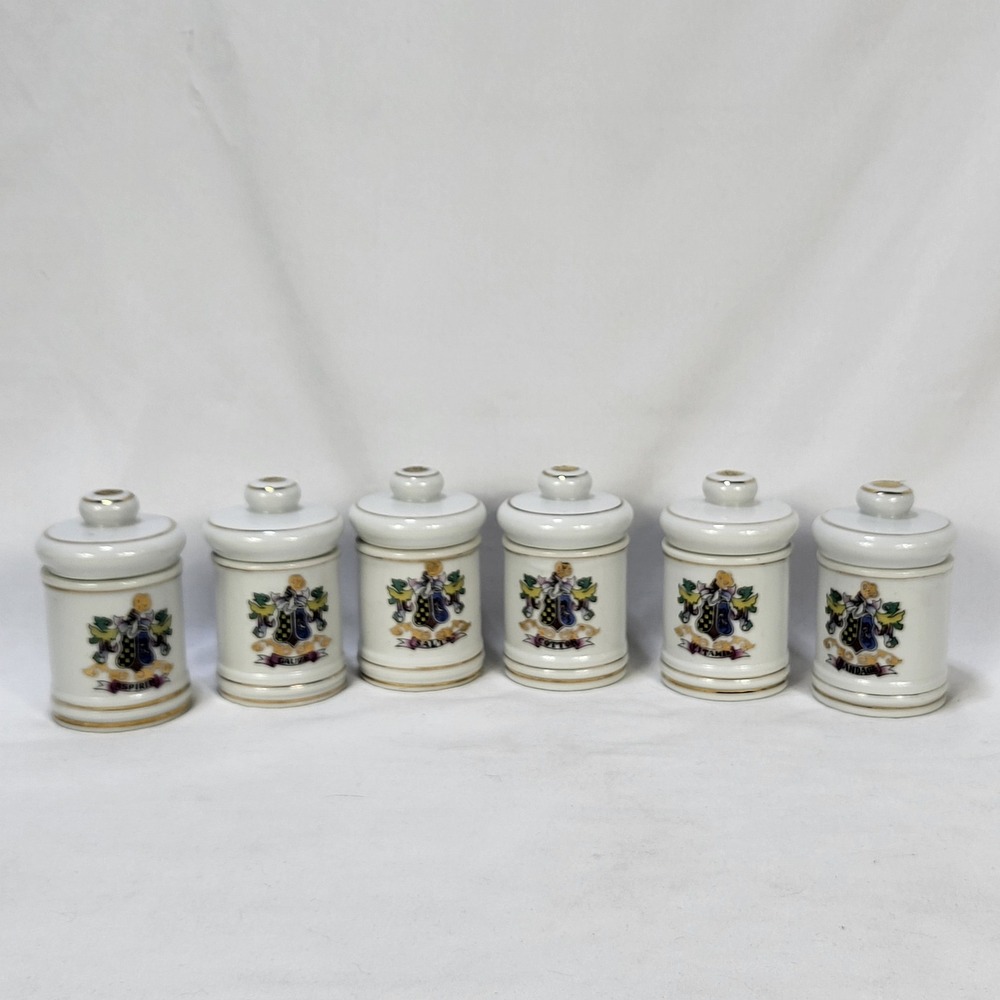 Vintage Porcelain Apothecary Jar Set 6pc Heraldic Crest Gold Trim Medicine Jars